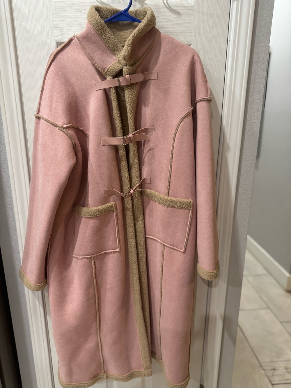 Women’s Pink Shearling Trim Duffle Coat